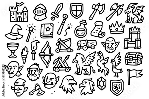 Fantasy adventure icons set: medieval magic, creatures, and weapons in simple outline style