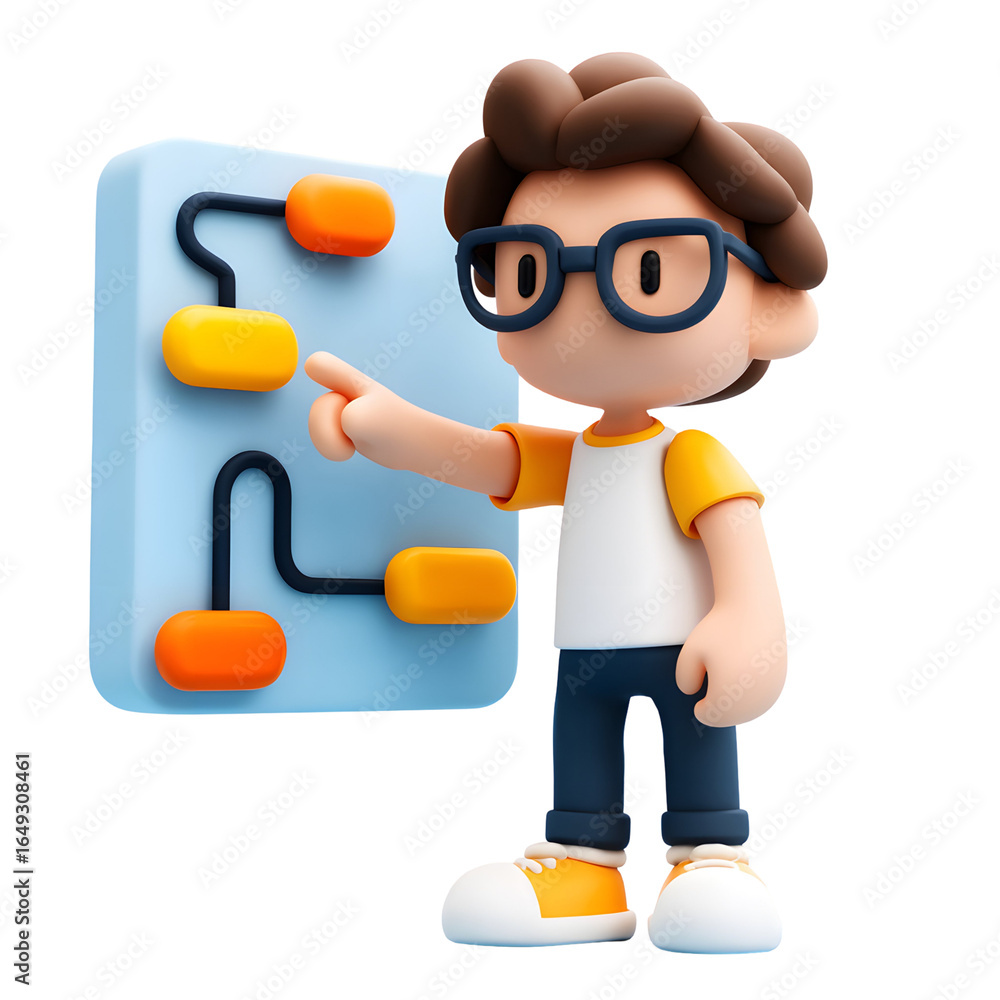 Fototapeta premium Cartoon character explaining flowchart process on interactive display with blank background