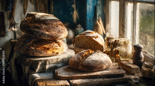 Freshly baked loaves of crusty bread arranged near an old window with natural light