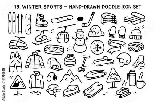 Winter sports hand drawn doodle icon collection for seasonal activities and gear