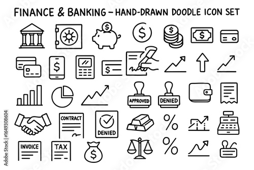 Hand-drawn doodle icons set for finance and banking themes