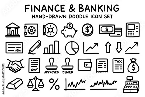 Hand-drawn finance and banking doodle icon set featuring savings and investment symbols