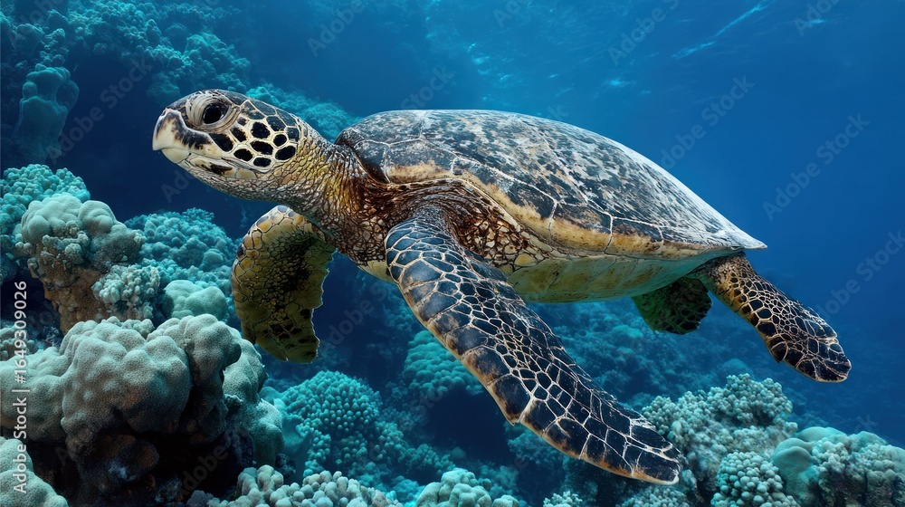 Fototapeta premium Sea turtle swimming gracefully through turquoise ocean waters near coral reef