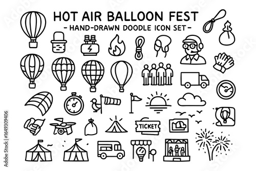 Hand-drawn hot air balloon festival icon set with doodles and elements