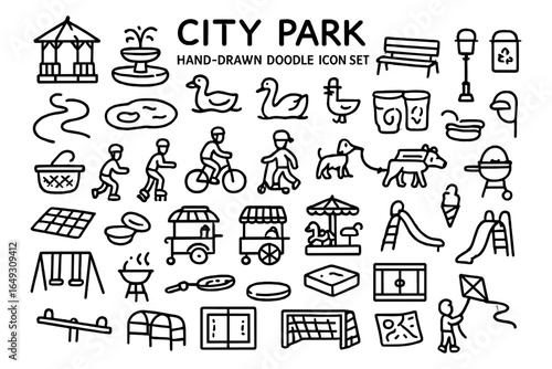 City park doodle icon set featuring animals, activities, and outdoor fun