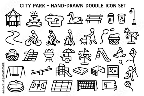 City park hand-drawn doodle icon set featuring playground and leisure elements