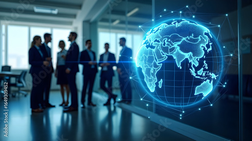 Geschäftsteam vor digitalem Globus mit globaler Vernetzung - Wallpaper Design - Harmonischer Hintergrund