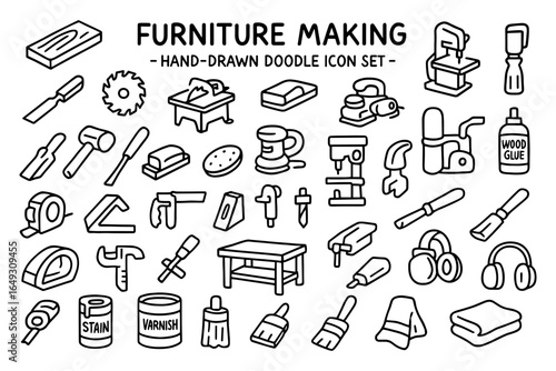 Hand-drawn doodle icons for furniture making and woodworking tools
