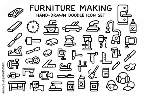 Hand-drawn doodle icons of furniture making tools and equipment