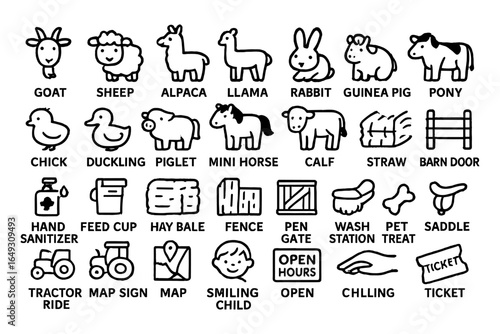 Farm animals and objects in line art style for educational and informative use