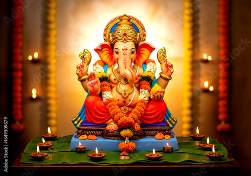 Lord ganesha statue decorated with flowers and lit diyas during a festival isolated on white background isolated on transparent background silhouette