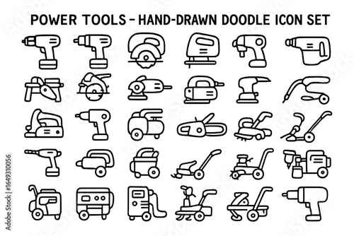 Hand-drawn power tools doodle icons set for diy and construction projects