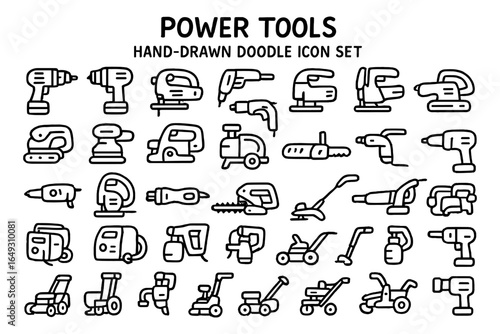 Hand-drawn doodle icon set of power tools for diy projects