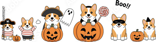 Cute Corgi dogs in Halloween costumes, cartoon puppies with pumpkins, pirate and ghost theme, adorable holiday dog clipart vector