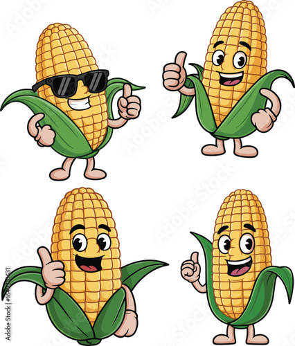 Cute corn cartoon characters, cheerful maize mascot, thumbs up corn, happy vegetable cartoons, funny corn vector, smiling food icons