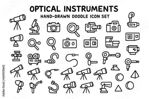 Hand-drawn doodle icons of optical instruments and equipment