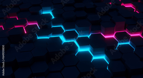 Modern geometric background with vibrant blue and pink neon lights for tech presentations and designs
