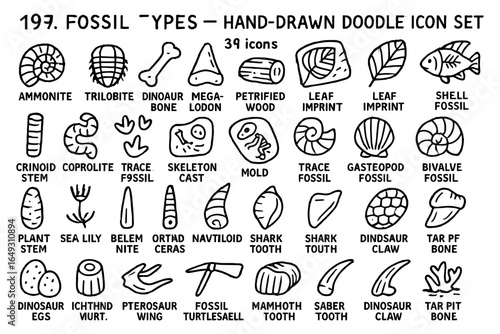 Hand-drawn fossil icon set featuring dinosaurs and prehistoric creatures