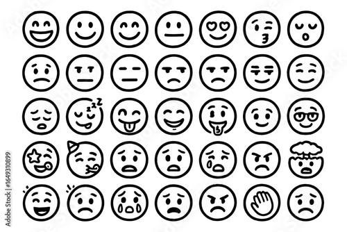 Expressive emoji faces set in simple linear style for messaging and design