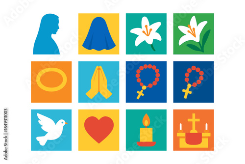 Christian symbol set: icons of faith, prayer, and worship in bright colors