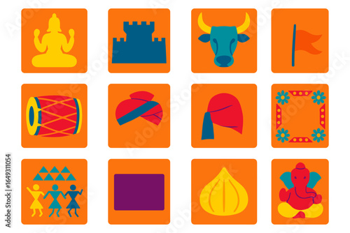 Indian culture icons set featuring ganesha, folk dance, and traditional symbols