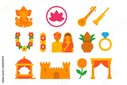 Colorful indian cultural icons featuring traditional symbols and festive elements