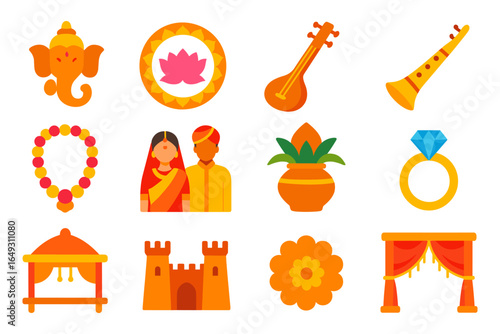 Colorful indian culture icons set featuring traditional elements and symbols
