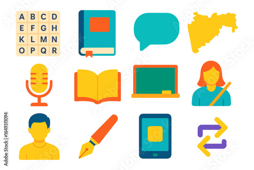 Educational icon set featuring books, speech bubble, laptop, and microphone in flat style