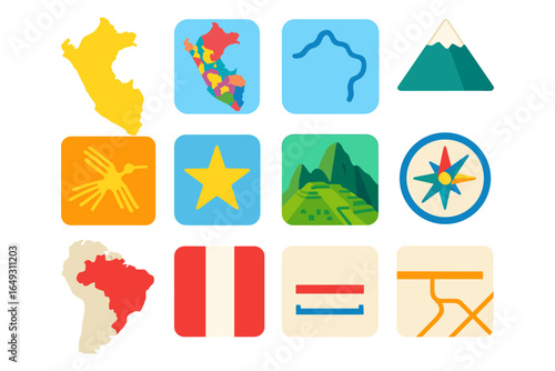 Peru icons set: map, landmarks, and nature in flat design style