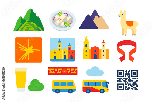 Peruvian cultural icons flat style: mountains, ceviche, llama, and more