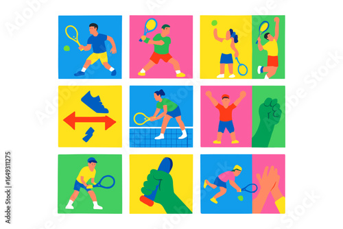 Colorful sporty tennis players and icons in modern flat design