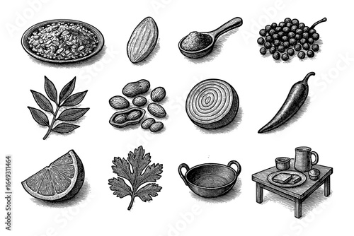 Hand drawn spice and herb collection with food elements in vintage style