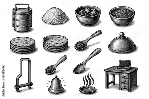 Vintage engraving style indian cuisine elements with tiffin, spices, curry, and furniture