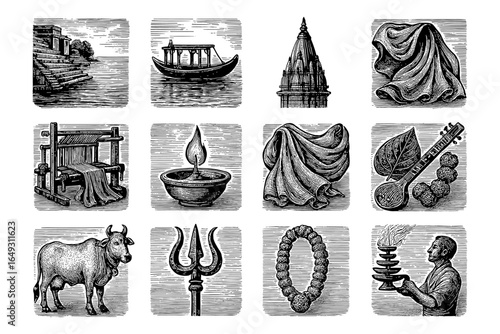 Intricate vintage engravings depicting cultural symbols in detailed black and white