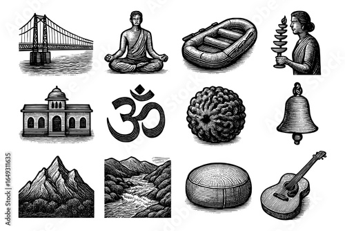 Traditional india inspired line art: symbols and landmarks in black and white