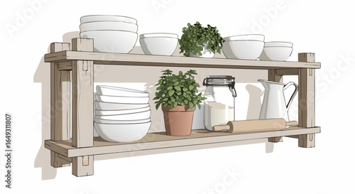 Rustic Wooden Kitchen Shelf with Utensils and Dishes.