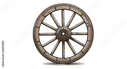 Rustic Wooden Wagon Wheel with Spokes and Hub.