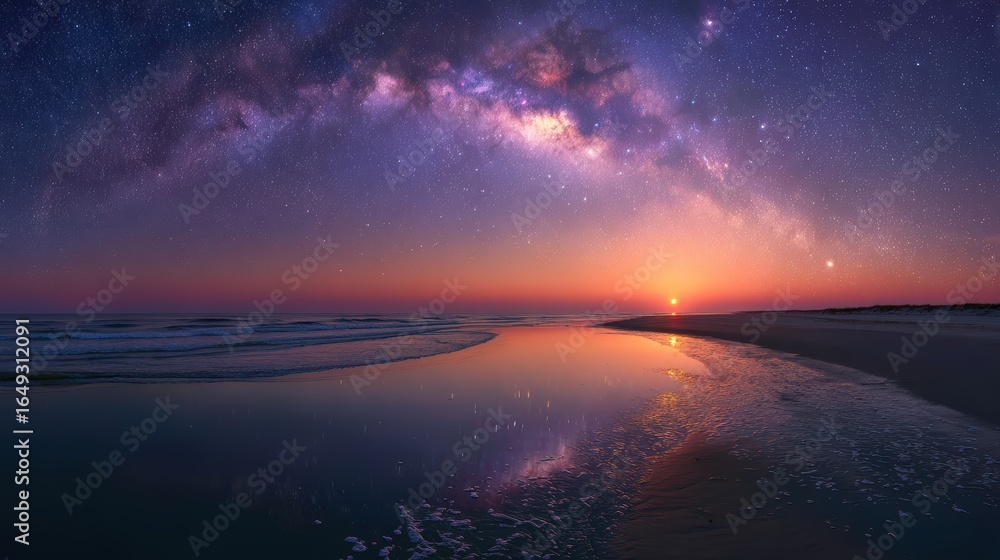 Fototapeta premium Stunning coastal nightscape with Milky Way, ideal for travel agency promotions, astronomy tours, and nature documentary backgrounds