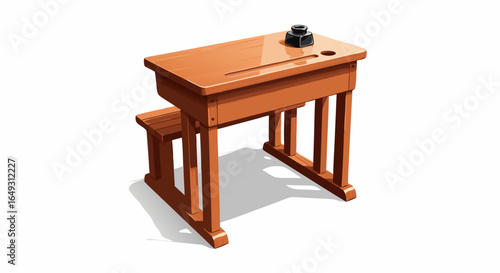 Vintage wooden school desk with an attached bench and black inkwell illustration.