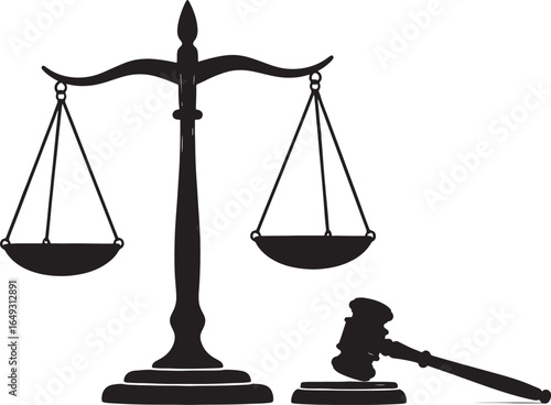 Scales of justice with gavel hammer law icon silhouette vector  