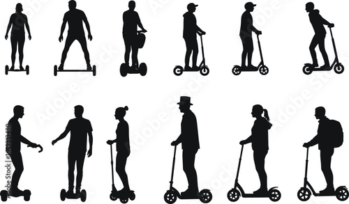 Electric scooter silhouettes, hoverboard clipart, people riding scooters, personal transport vector, urban mobility icons, e-scooter illustrations, commuter silhouettes