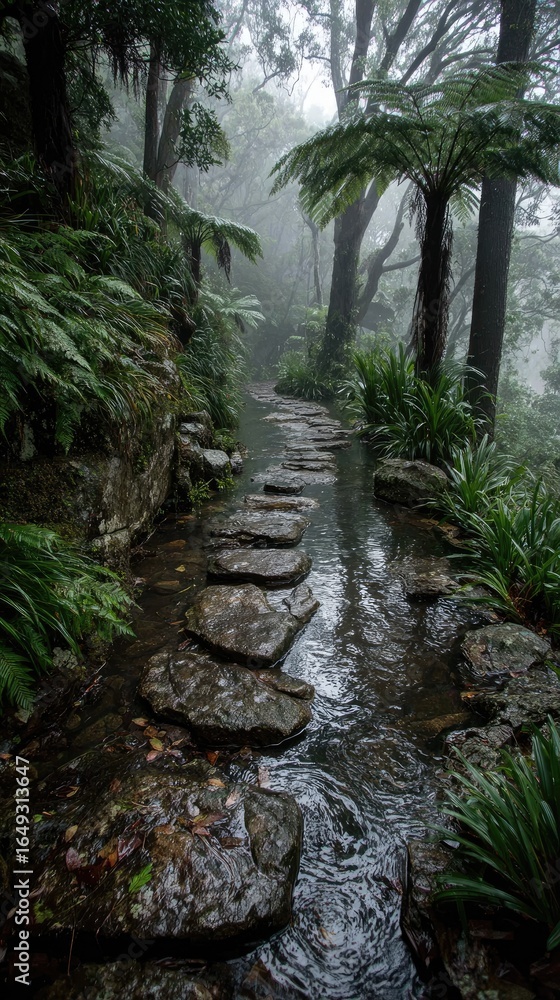 Obraz premium Misty stone path through lush, rain-soaked forest