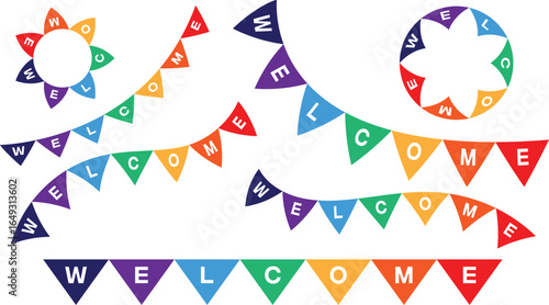 Colorful welcome bunting flags and garlands set in flat vector design