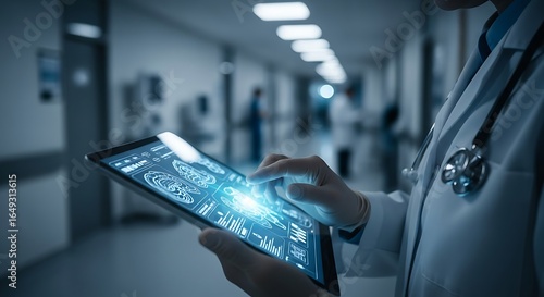 Medical professional uses innovative digital technology on a tablet, showcasing advanced healthcare solutions and futuristic diagnostic capabilities in a modern hospital setting.