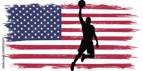 Basketball player silhouette, slam dunk action, USA American flag grunge vector art