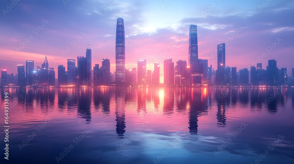 Fototapeta premium The city skyline is stunning as the sun rises, casting a warm glow on the skyscrapers reflected in the tranquil water below, creating a beautiful cityscape view.