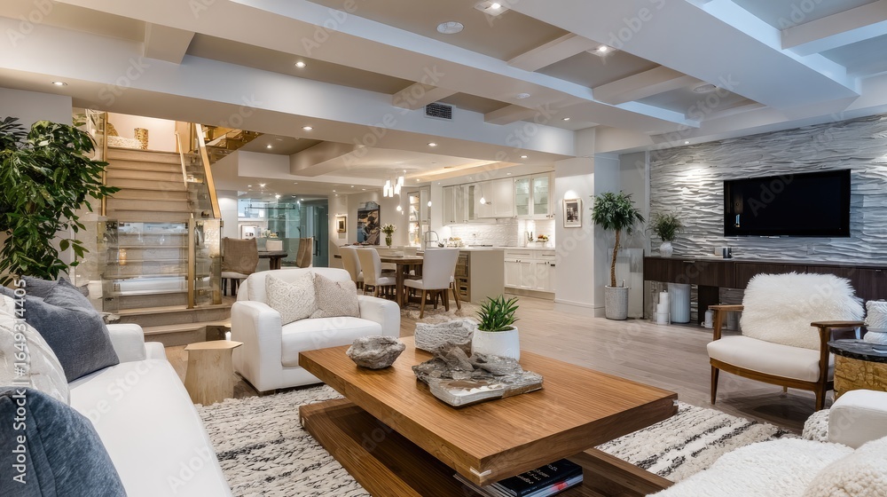 Fototapeta premium Cozy living room with mid-century furnishings, bright natural light, and a stylish boho rug creates a welcoming atmosphere for relaxation