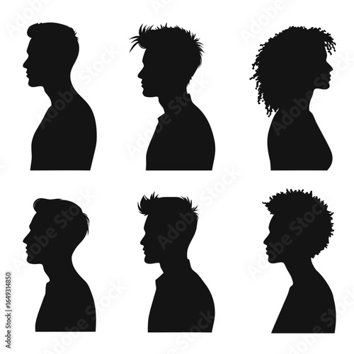 Six Male and Female Silhouettes with Diverse Hairstyles