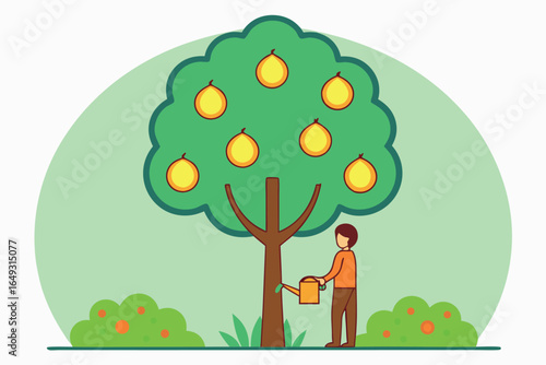 Person watering a fruit bearing tree in a garden setting