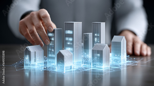 Hand Placing Building Model on Digital Cityscape with Glowing Network Connection